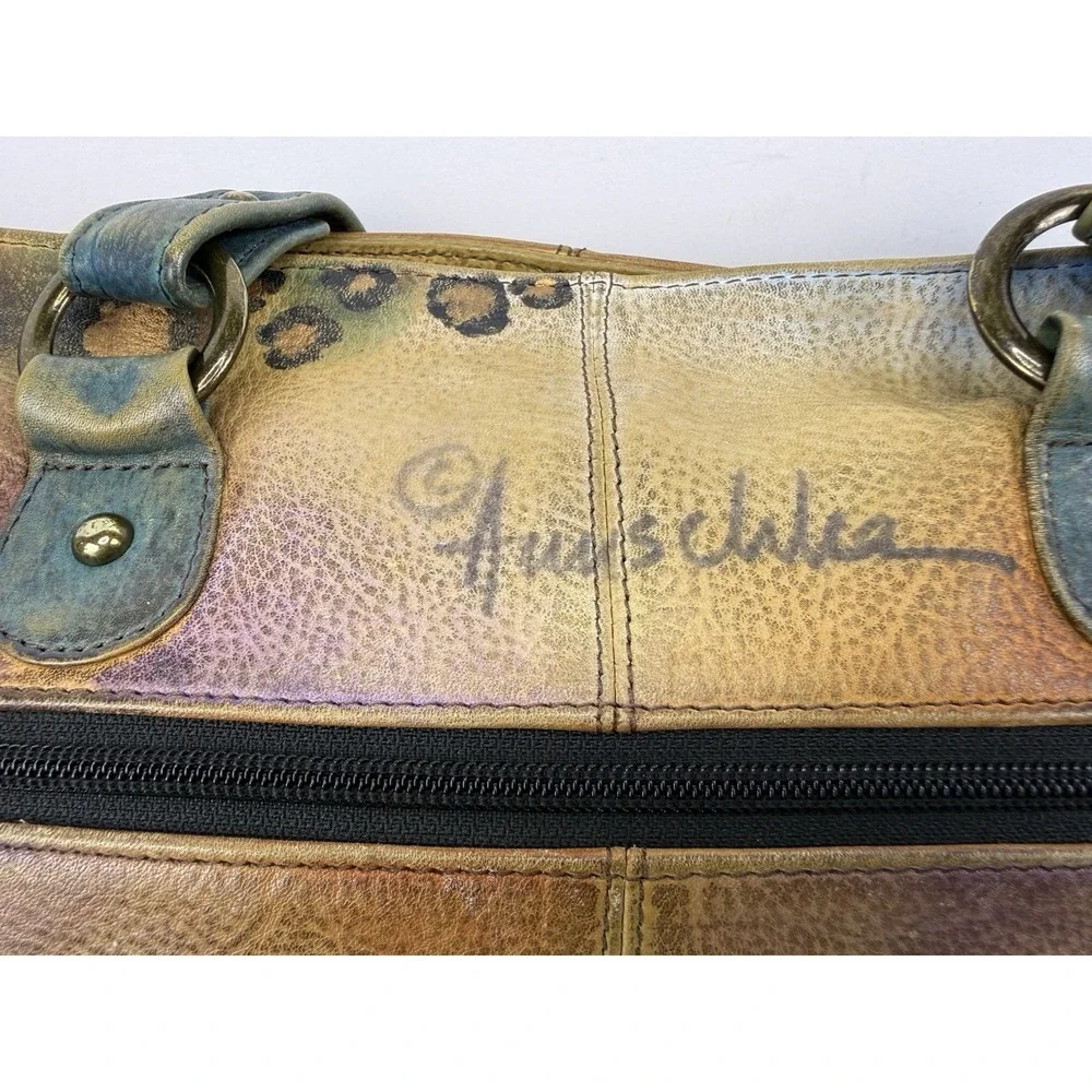 Anuschka peacock feather satchel bag studded blue hand painted signed art purse